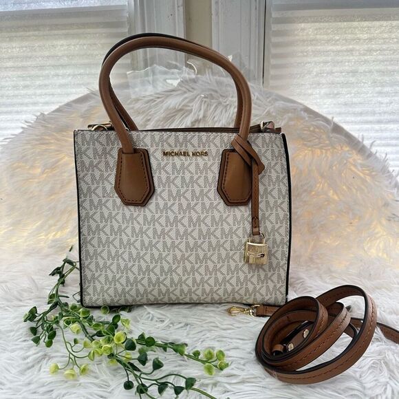 Michael Kors Mercer Tan Gray‎ Logo Convertible Crossbody Hand Bag Small NEW - Picture 1 of 12